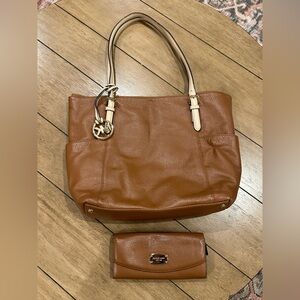 Michael Kors Jet Set Brown Soft Leather Tote Shoulder Bag + Wallet